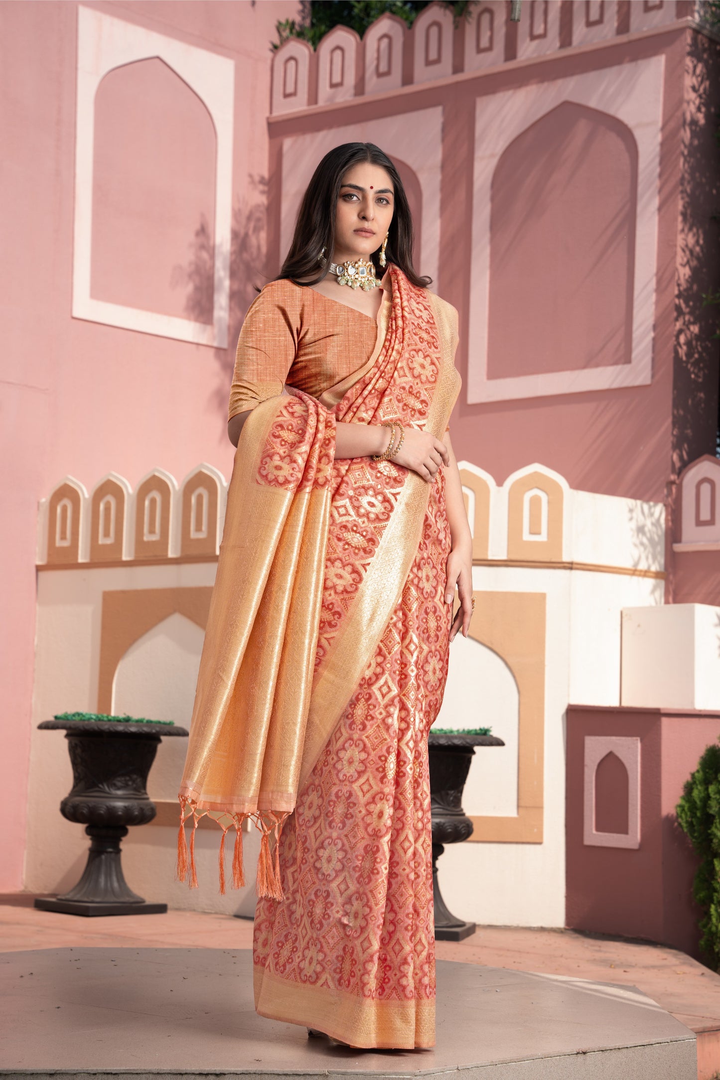 Avika Peach Cotton Ikat Silk Saree