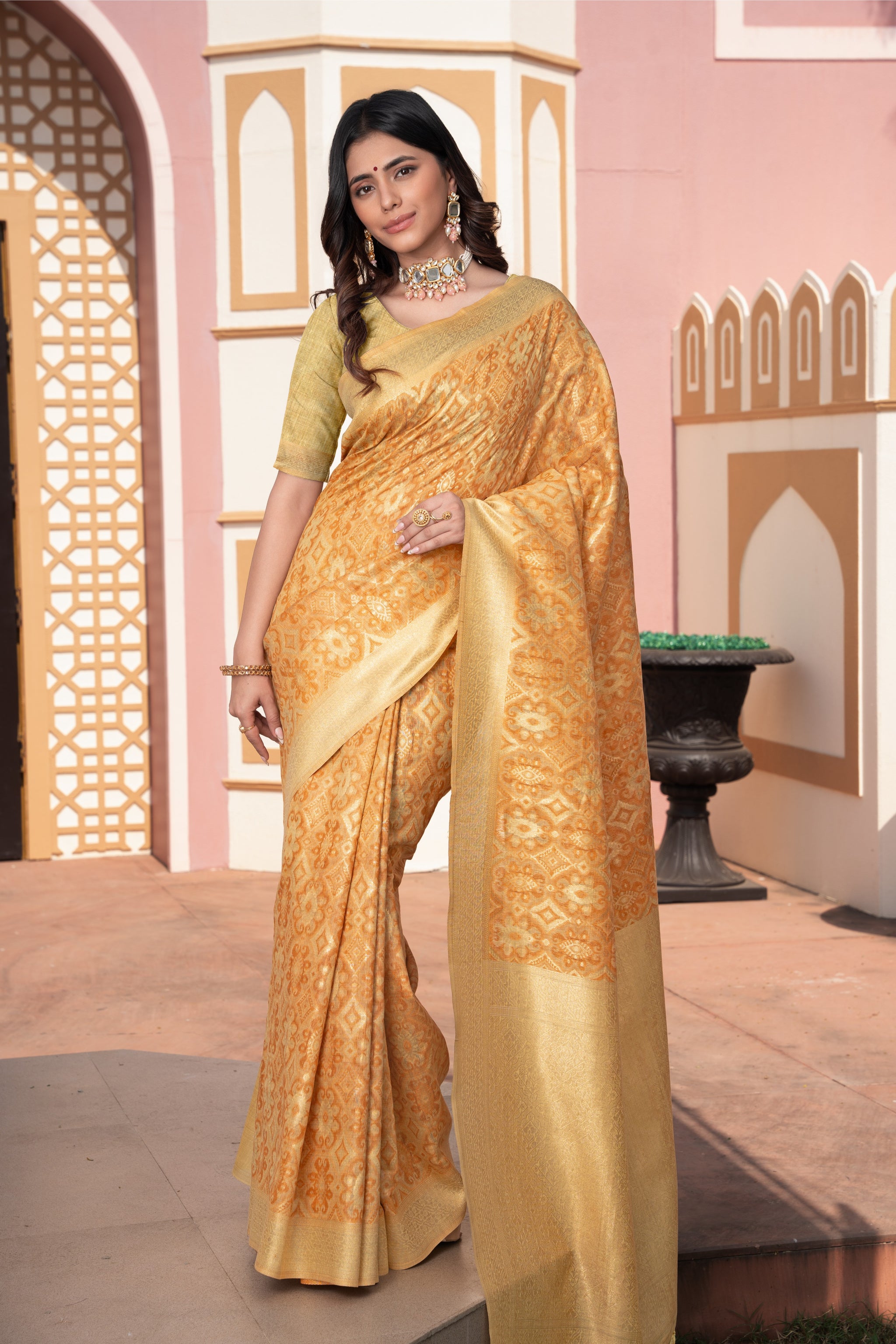 Avika Yellow Cotton Ikat Silk Saree