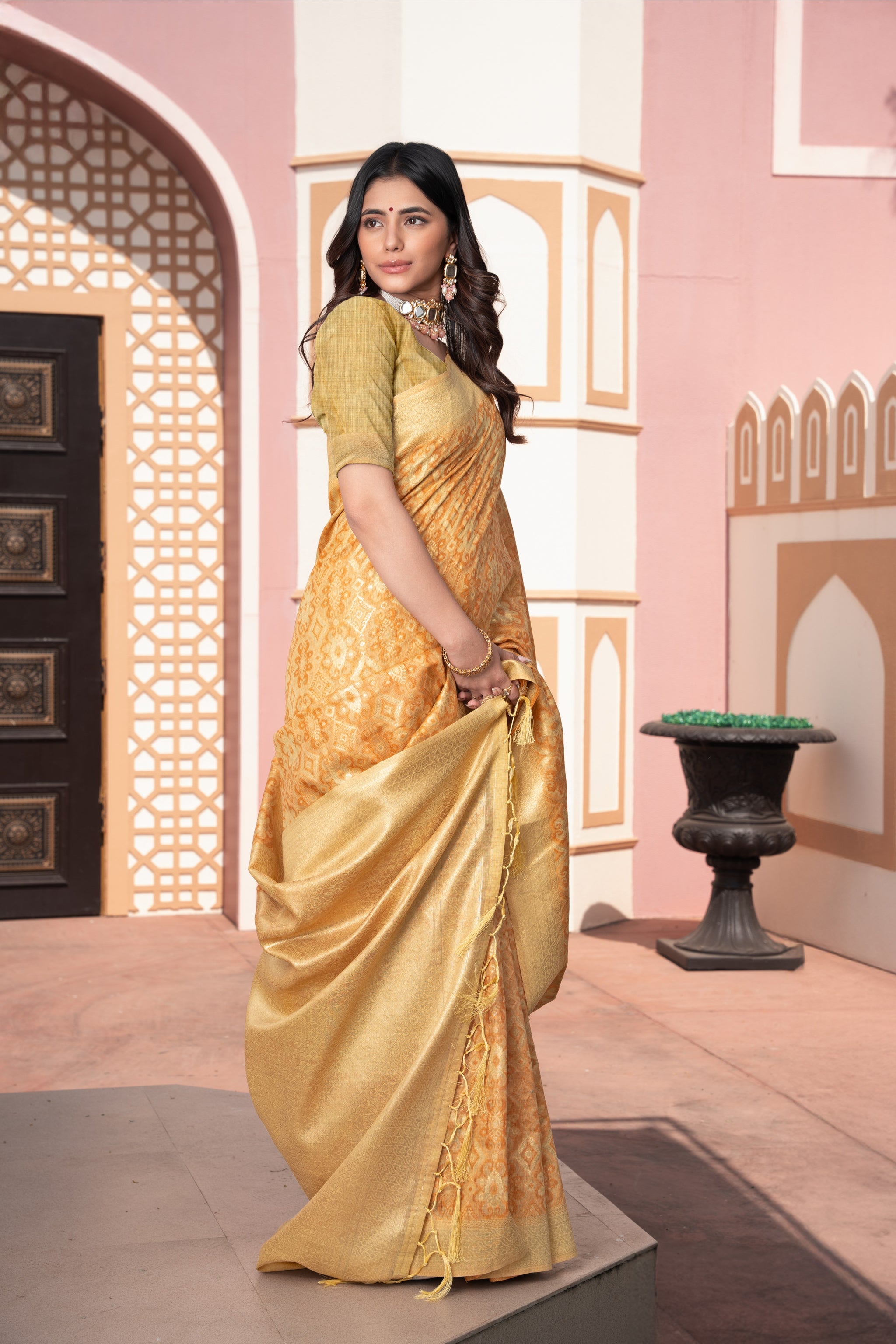 Avika Yellow Cotton Ikat Silk Saree