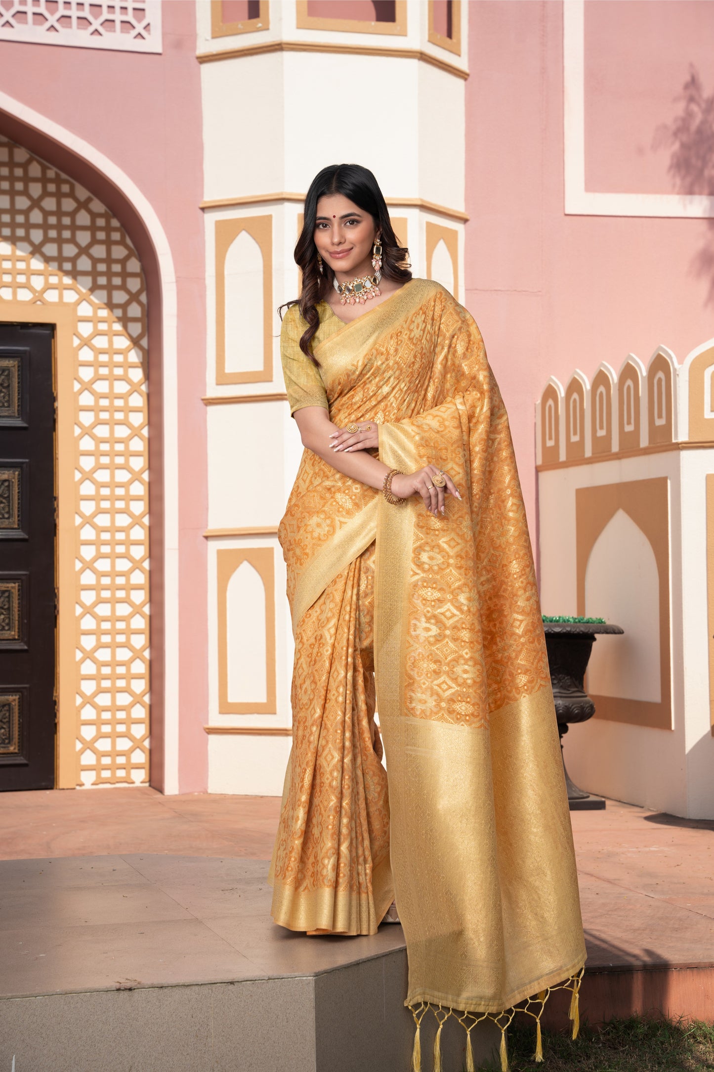 Avika Yellow Cotton Ikat Silk Saree