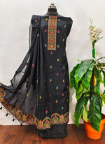 Load image into Gallery viewer, Ethereal Drape Black Muga Cotton Pashmina Unstitched Suit Set
