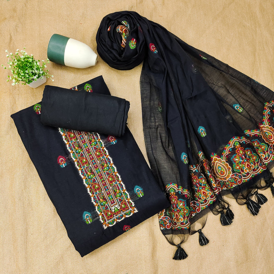 Ethereal Drape Black Muga Cotton Pashmina Unstitched Suit Set