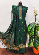 Load image into Gallery viewer, Ethereal Drape Bottle Green Muga Cotton Pashmina Unstitched Suit Set
