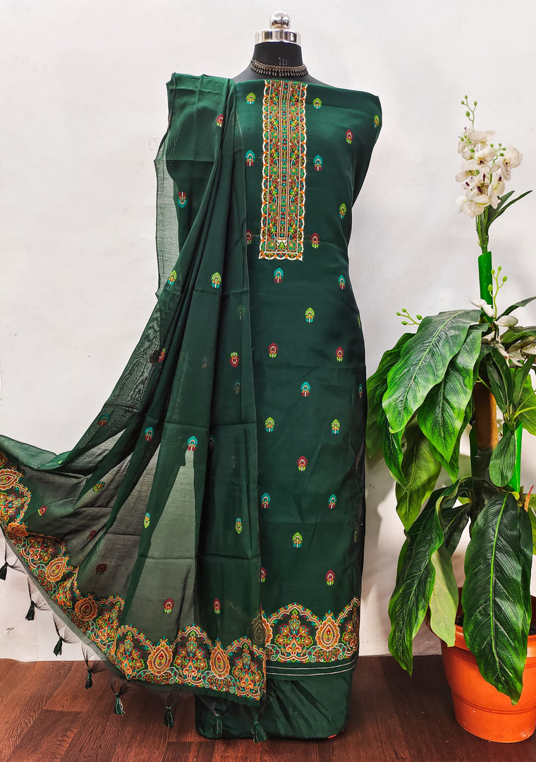 Ethereal Drape Bottle Green Muga Cotton Pashmina Unstitched Suit Set