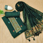 Load image into Gallery viewer, Ethereal Drape Bottle Green Muga Cotton Pashmina Unstitched Suit Set
