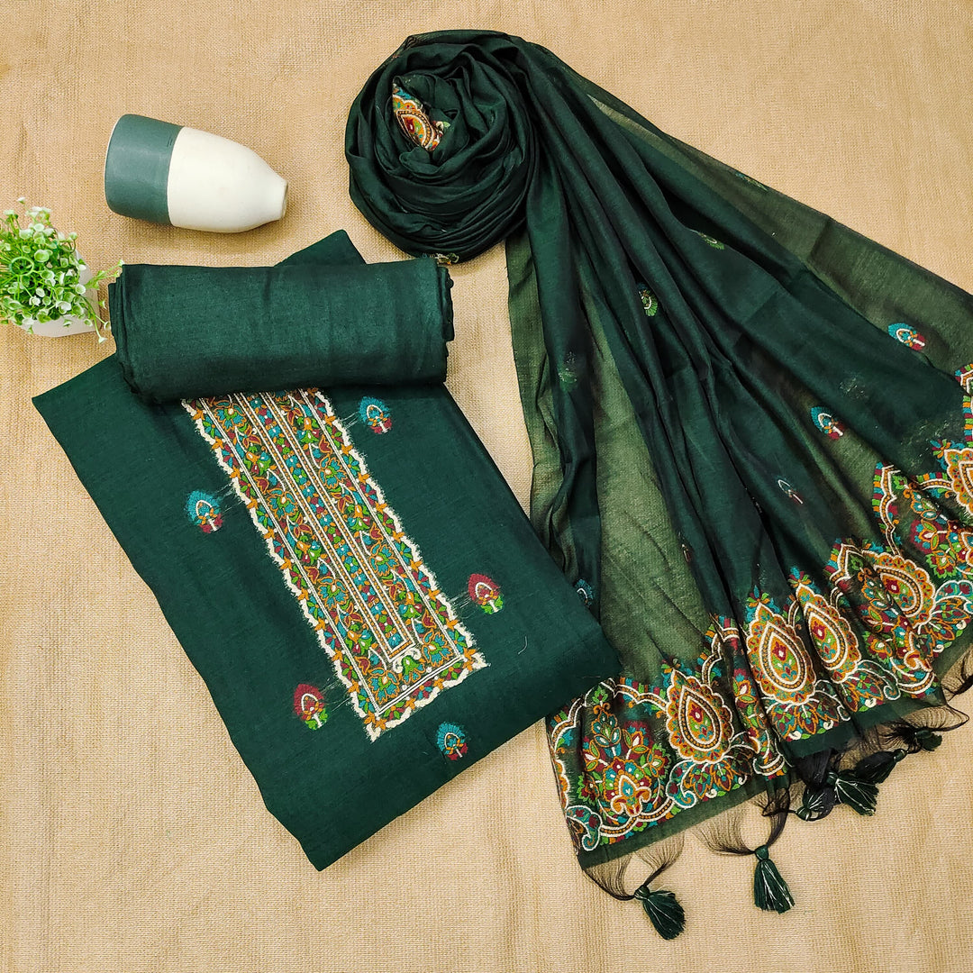 Ethereal Drape Bottle Green Muga Cotton Pashmina Unstitched Suit Set