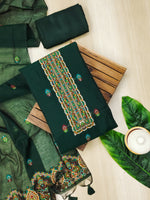 Load image into Gallery viewer, Ethereal Drape Bottle Green Muga Cotton Pashmina Unstitched Suit Set
