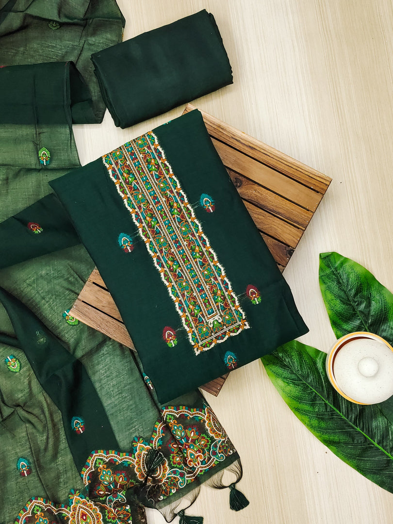Ethereal Drape Bottle Green Muga Cotton Pashmina Unstitched Suit Set