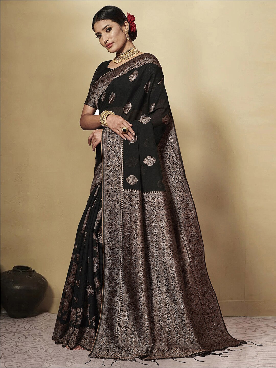 GJ Black Berry Grease Black Zari Woven Design Cotton Blend Saree