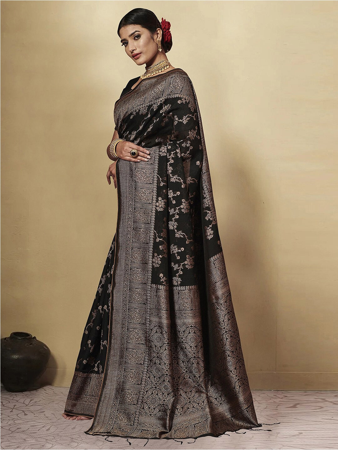 GJ Black Berry Soot Black Zari Woven Design Cotton Blend Saree