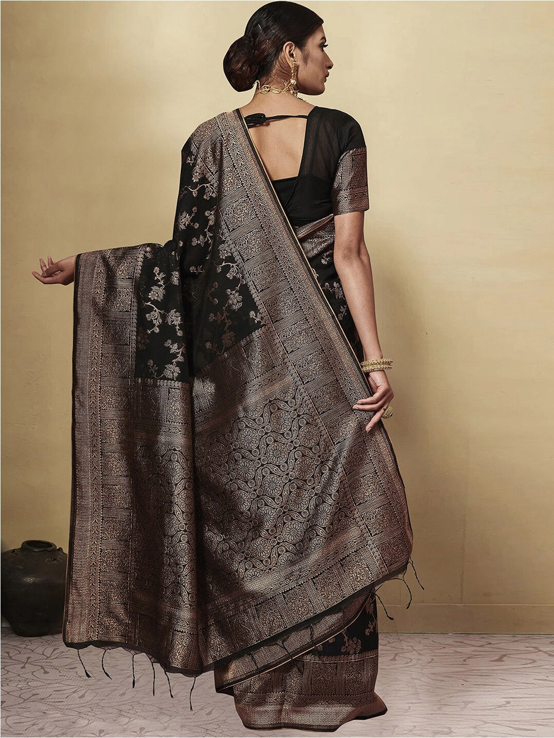 GJ Black Berry Soot Black Zari Woven Design Cotton Blend Saree