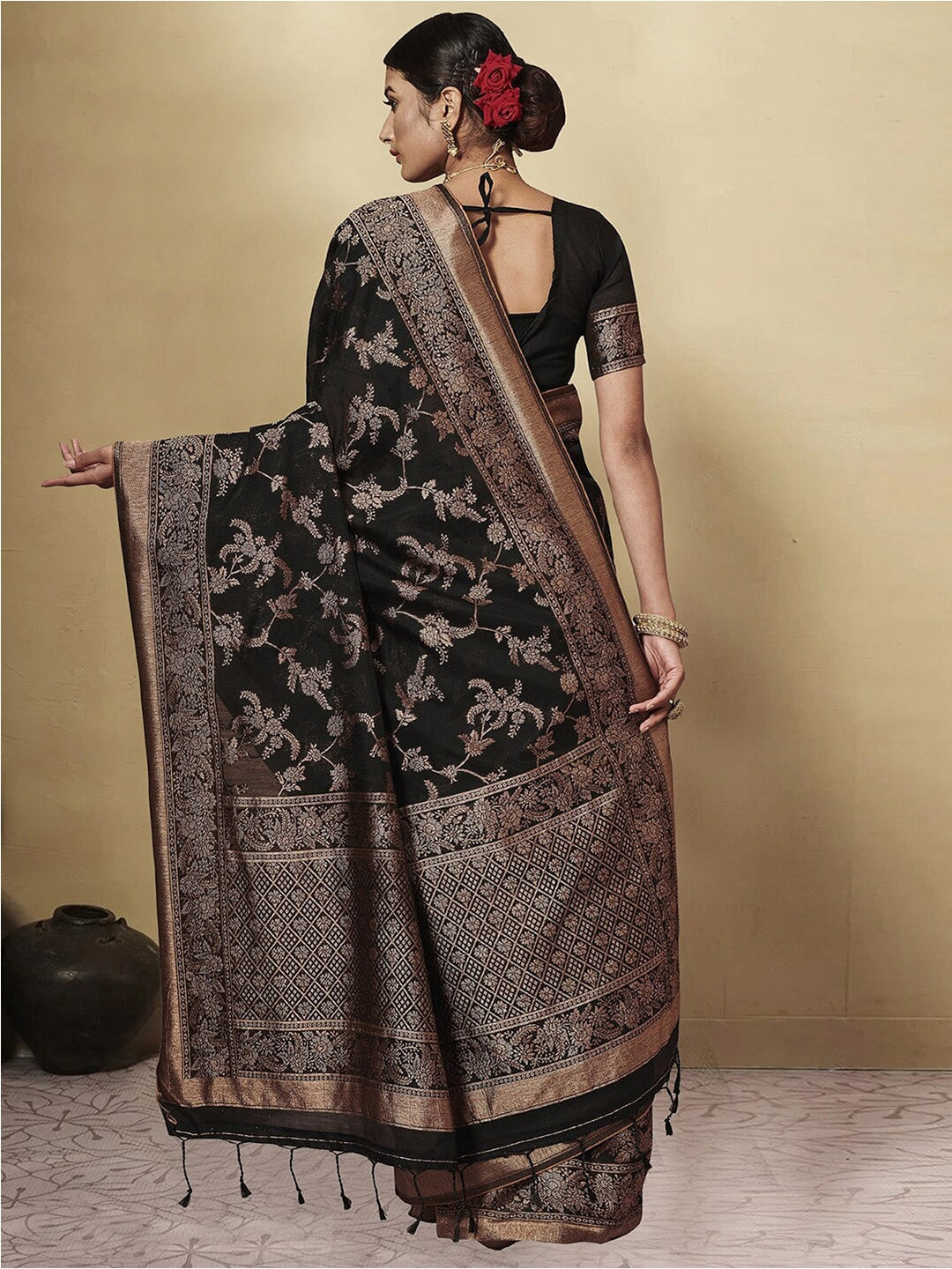 GJ Black Berry Coal Black Zari Woven Design Cotton Blend Saree