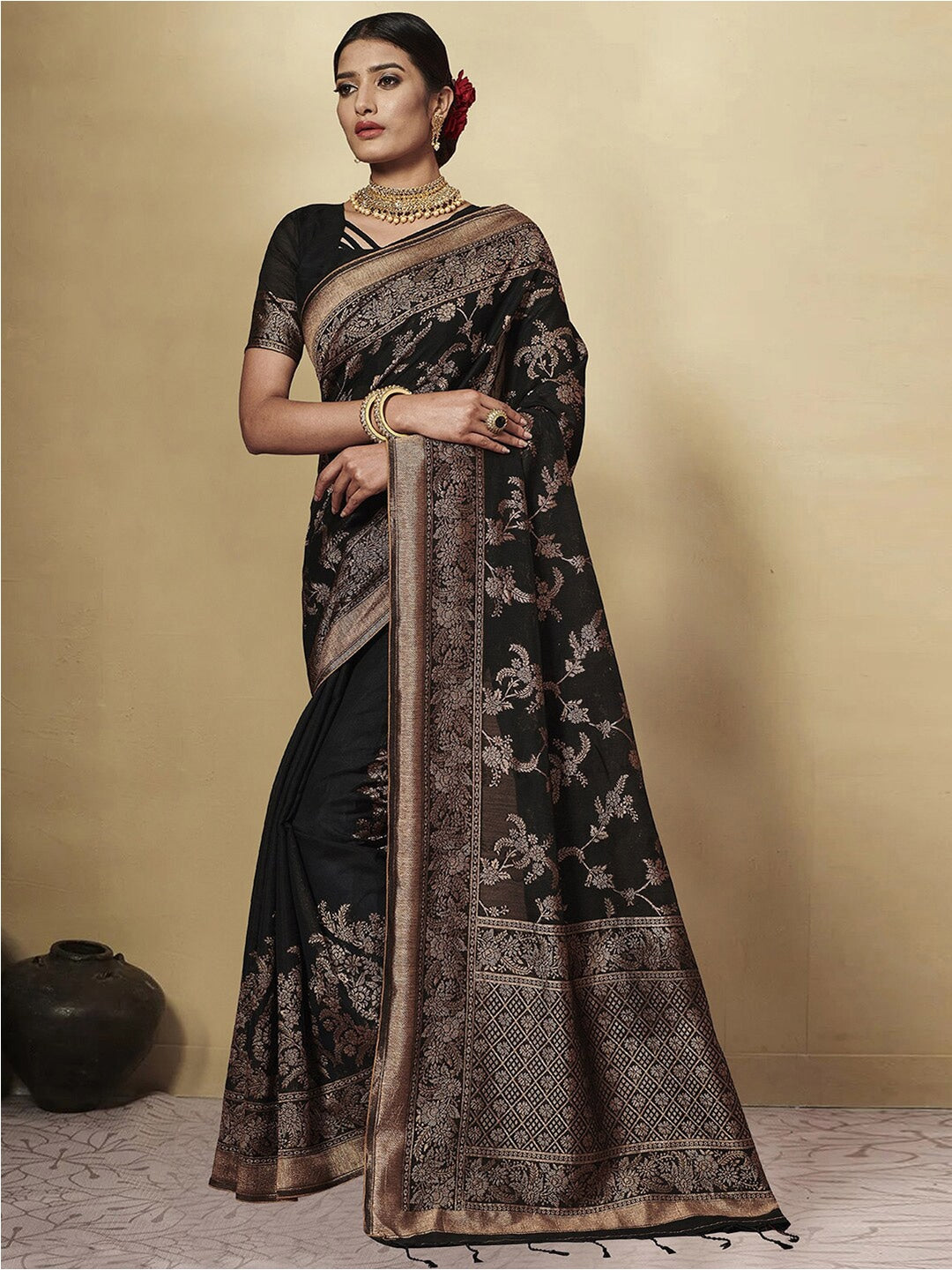 GJ Black Berry Coal Black Zari Woven Design Cotton Blend Saree