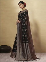 GJ Black Berry Metal Black Zari Woven Design Cotton Blend Saree
