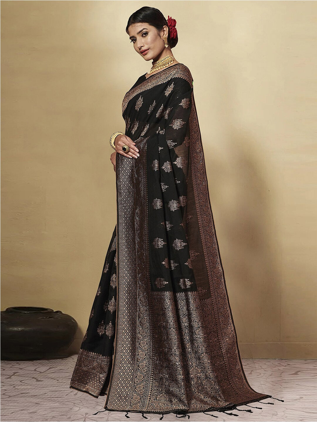 GJ Black Berry Metal Black Zari Woven Design Cotton Blend Saree