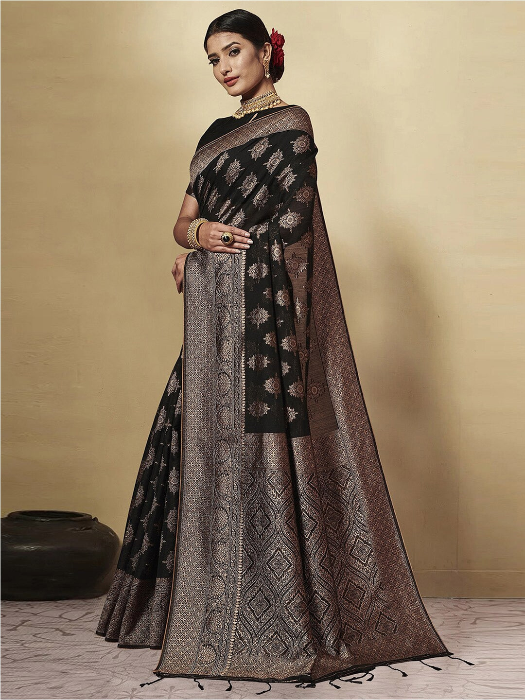 GJ Black Berry Pebble Black Zari Woven Design Cotton Blend Saree