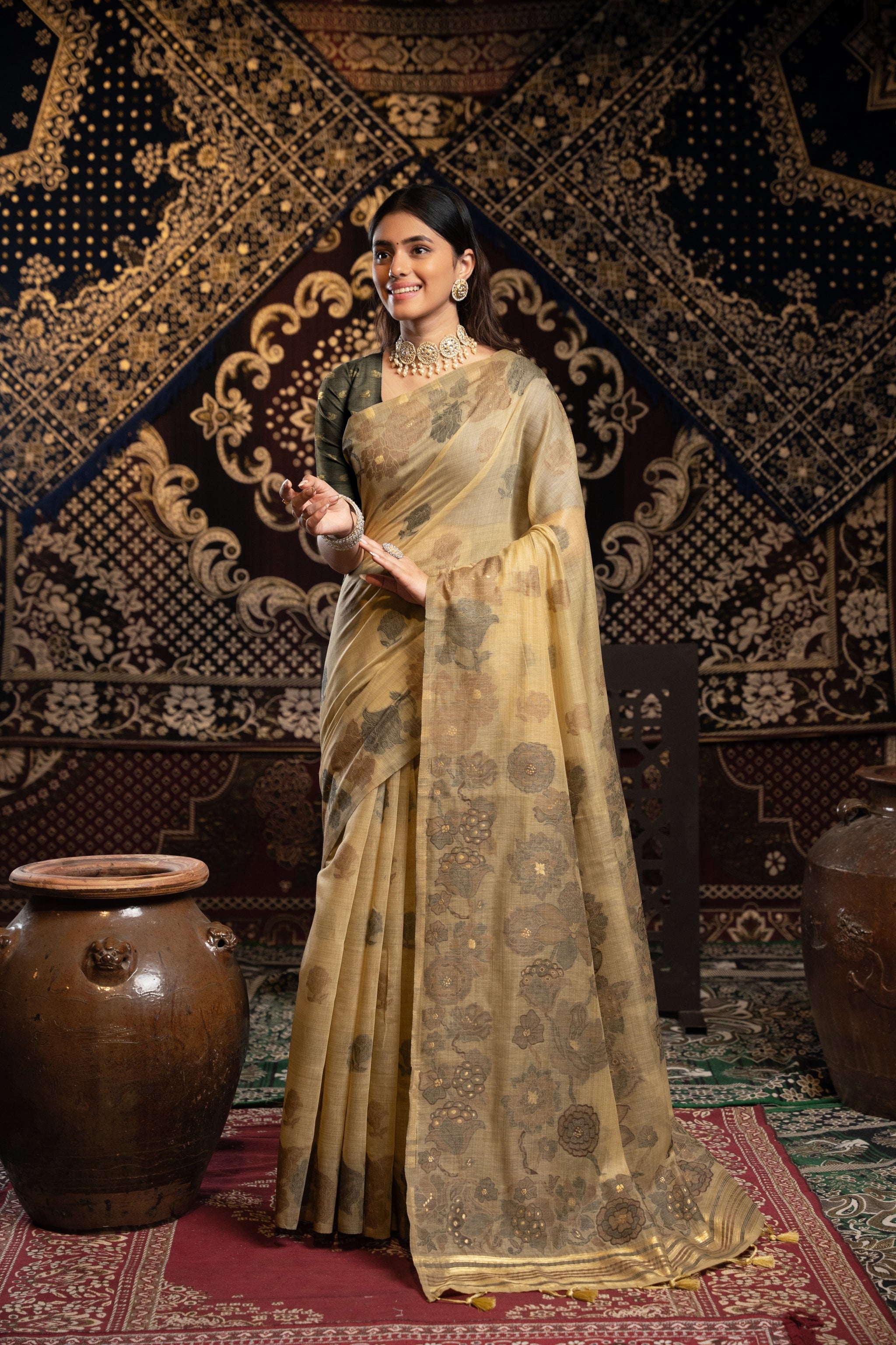 Devanshi Light Brown Soft Cotton Jamdani Saree