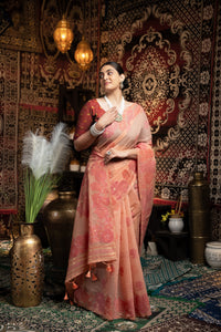 Devanshi Peach Soft Cotton Jamdani Saree