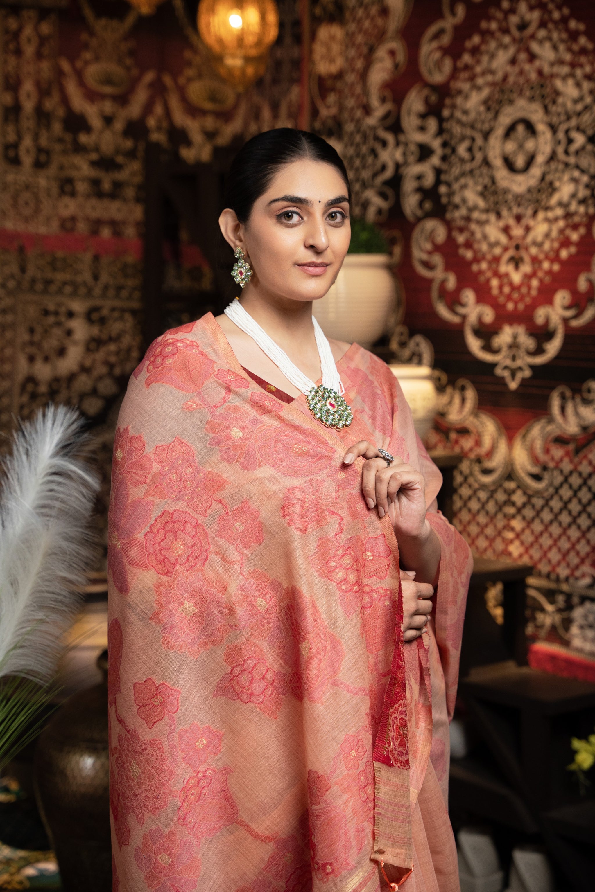 Devanshi Peach Soft Cotton Jamdani Saree