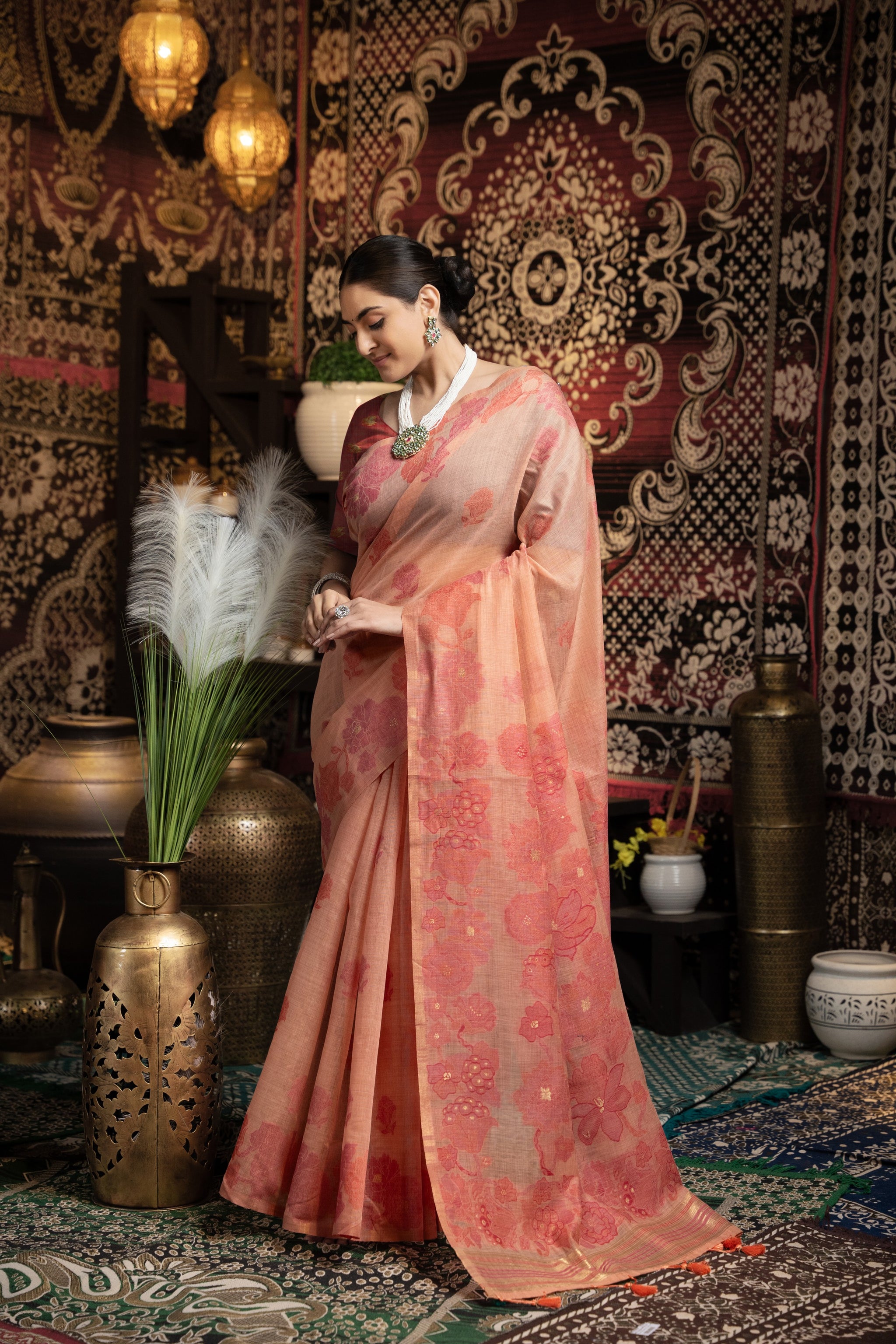 Devanshi Peach Soft Cotton Jamdani Saree