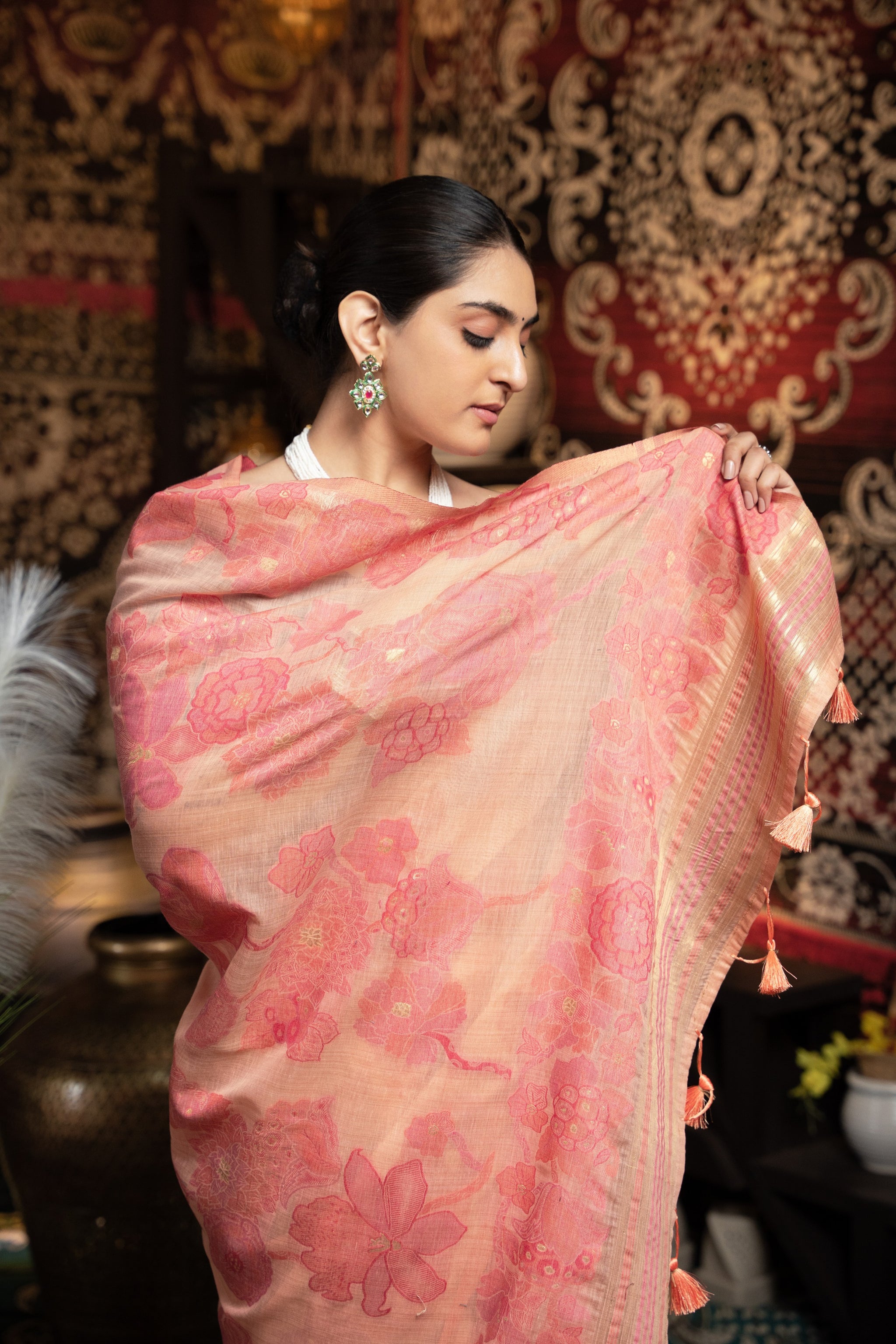 Devanshi Peach Soft Cotton Jamdani Saree