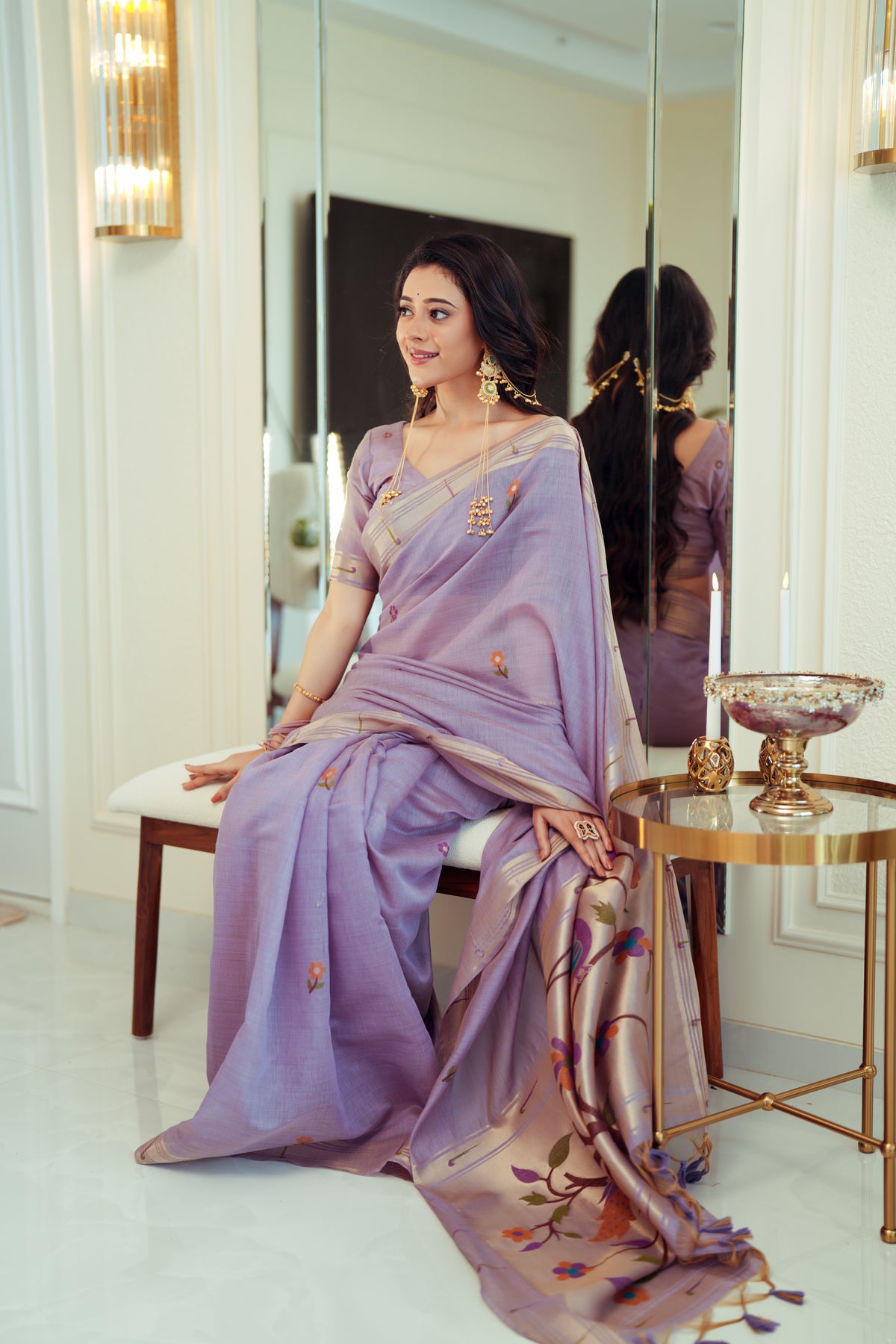 Kalakruti Lavender Paithani Muga Cotton Saree With Unstitched Blouse Piece