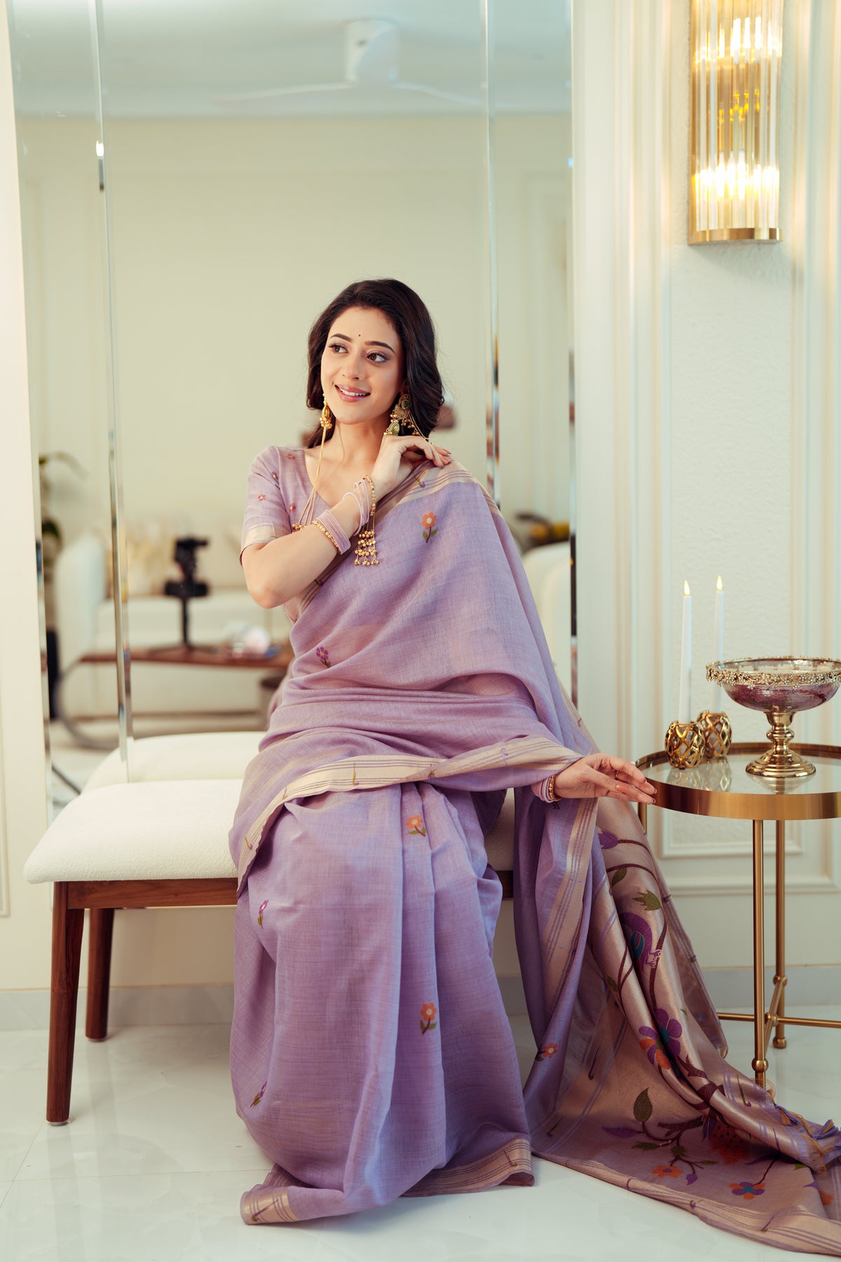 Kalakruti Lavender Paithani Muga Cotton Saree With Unstitched Blouse Piece