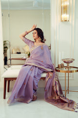 Kalakruti Lavender Paithani Muga Cotton Saree With Unstitched Blouse Piece