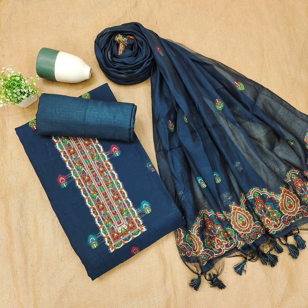 Ethereal Drape Navy Muga Cotton Pashmina Unstitched Suit Set