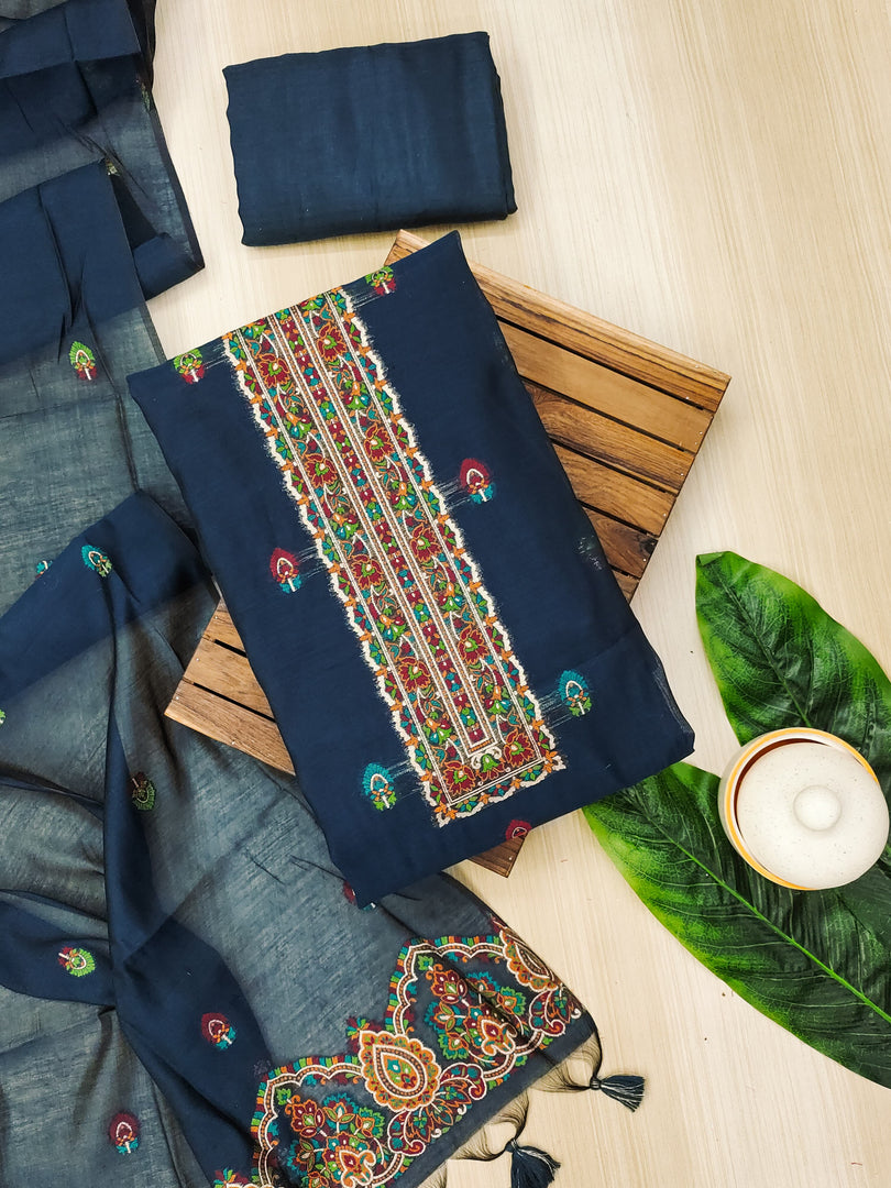 Ethereal Drape Navy Muga Cotton Pashmina Unstitched Suit Set