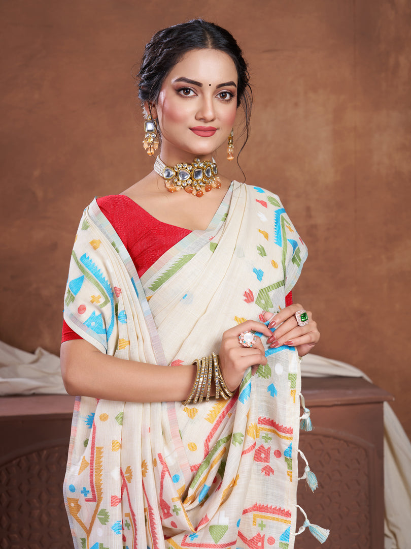 Ekaya Cream Linen Jamdani Saree