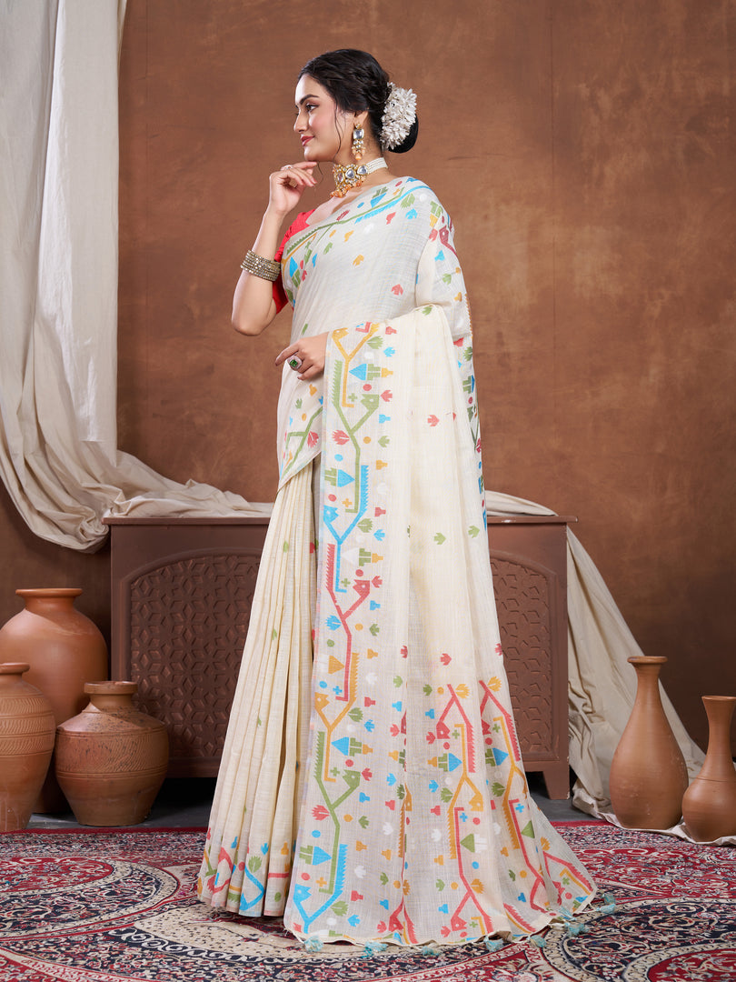 Ekaya Cream Linen Jamdani Saree