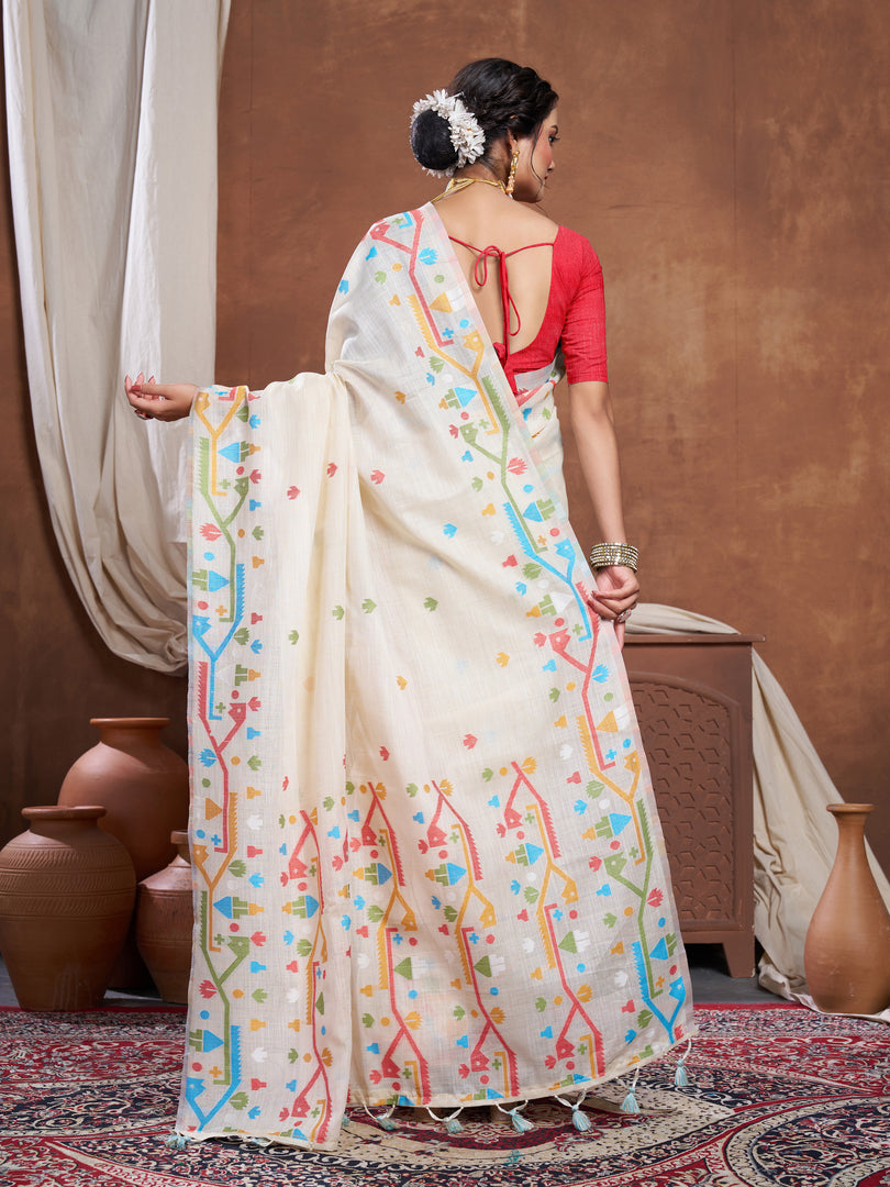 Ekaya Cream Linen Jamdani Saree