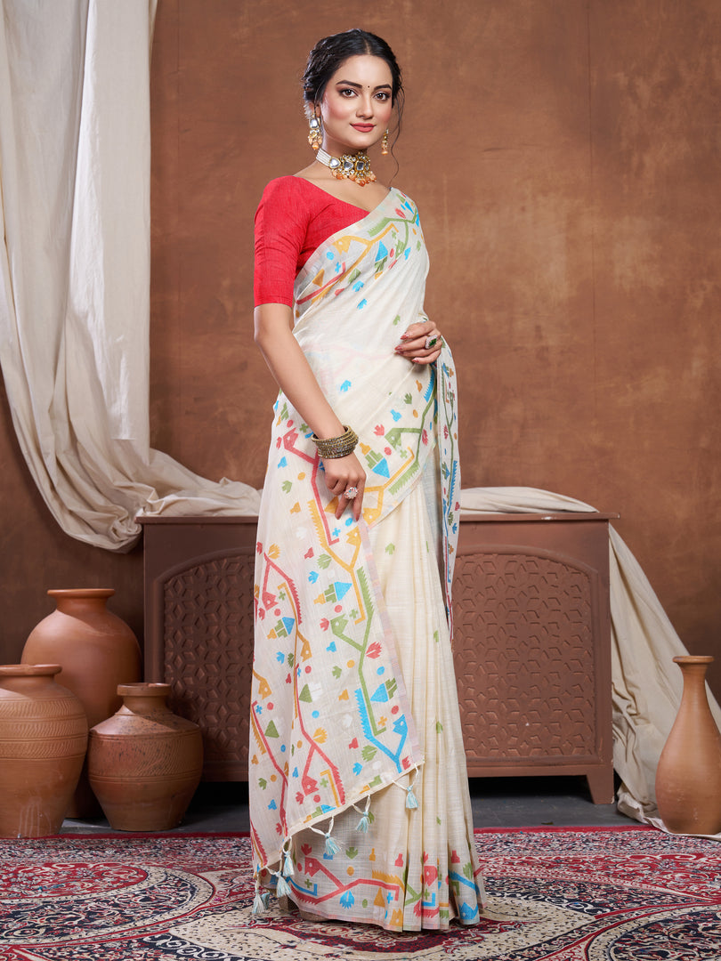 Ekaya Cream Linen Jamdani Saree