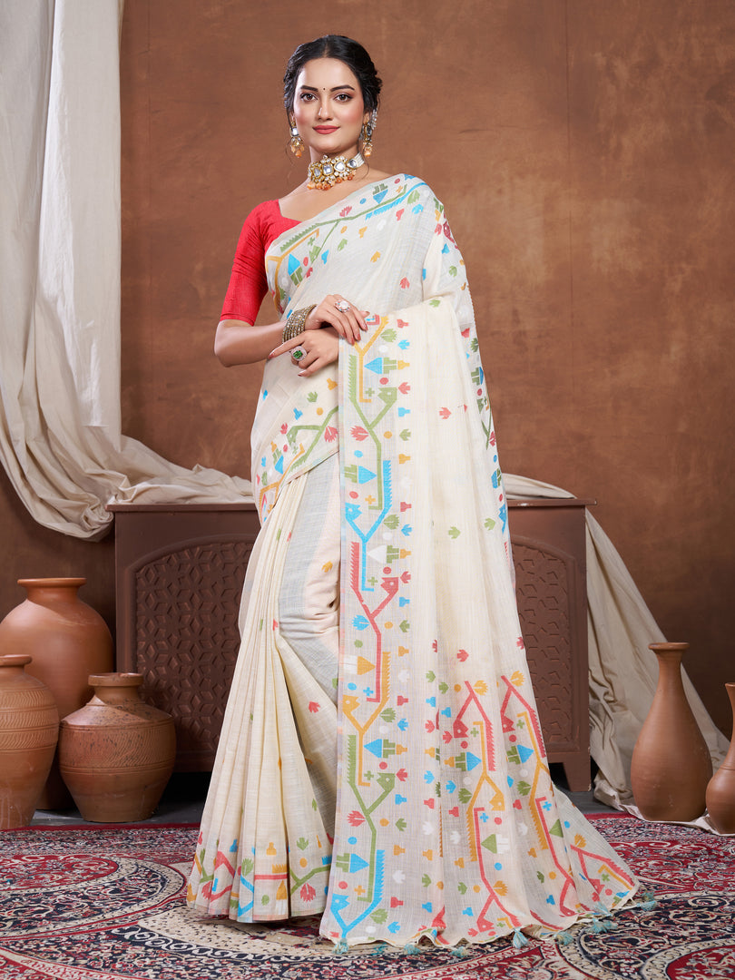 Ekaya Cream Linen Jamdani Saree