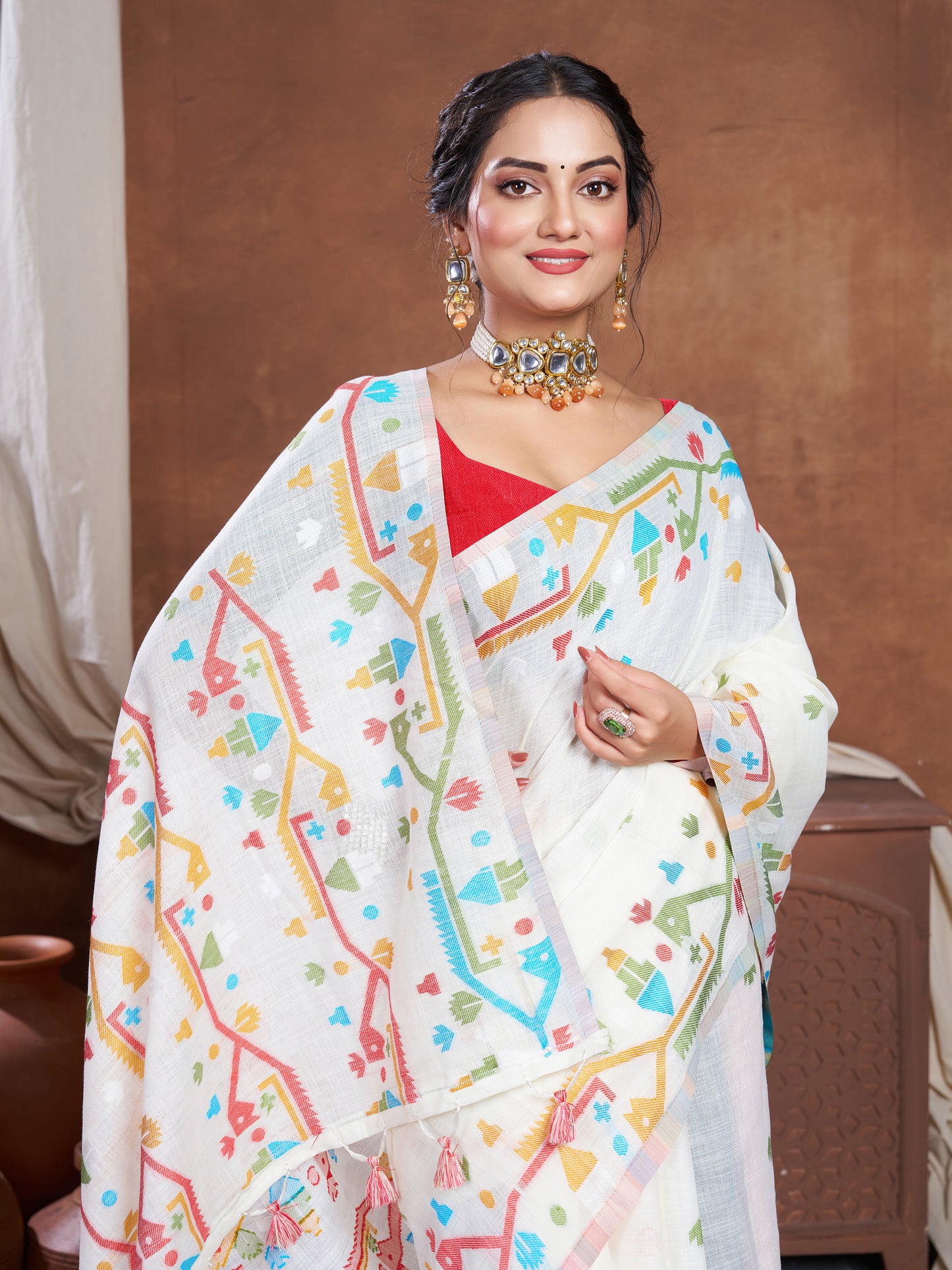 Ekaya White Linen Jamdani Saree