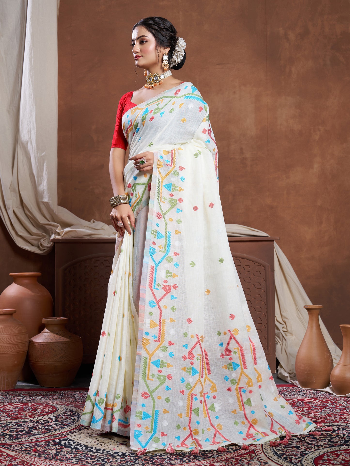 Ekaya White Linen Jamdani Saree