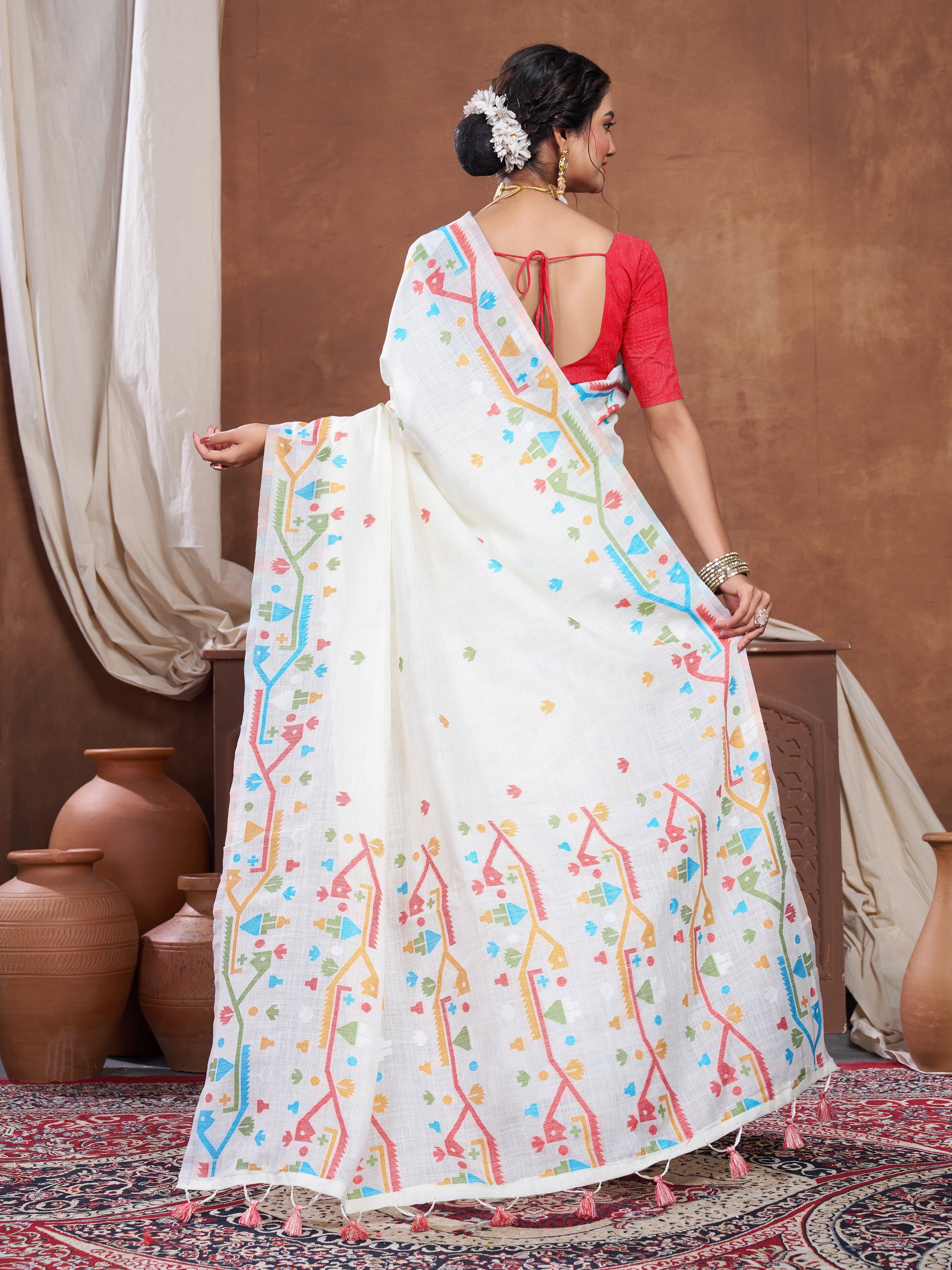 Ekaya White Linen Jamdani Saree