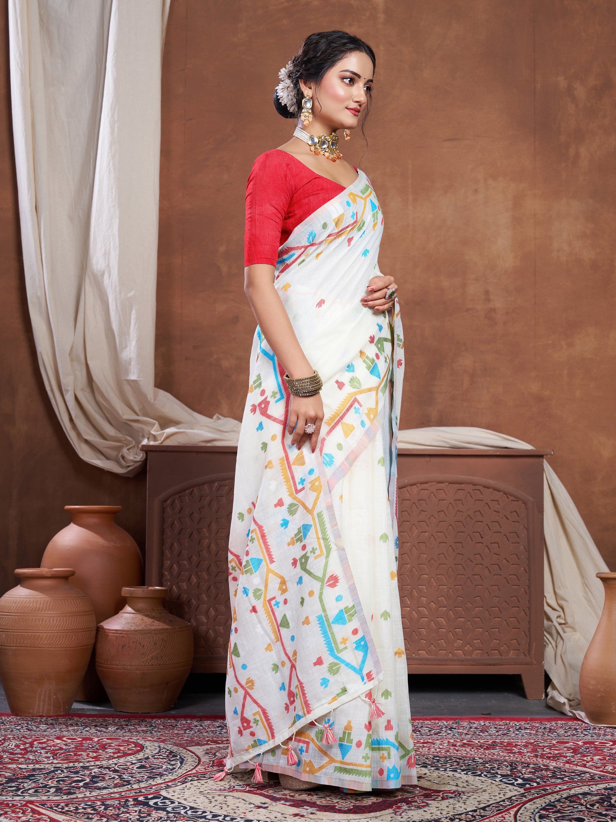 Ekaya White Linen Jamdani Saree