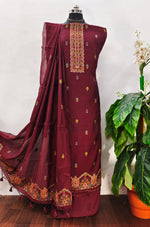 Load image into Gallery viewer, Ethereal Drape Maroon Red Muga Cotton Pashmina Unstitched Suit Set
