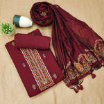 Load image into Gallery viewer, Ethereal Drape Maroon Red Muga Cotton Pashmina Unstitched Suit Set
