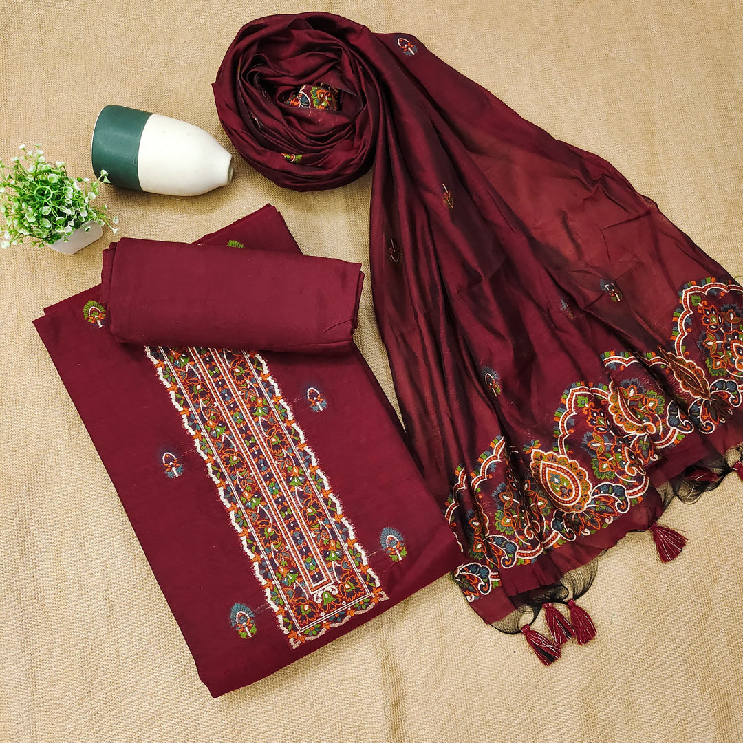 Ethereal Drape Maroon Red Muga Cotton Pashmina Unstitched Suit Set