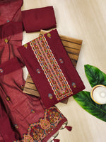 Load image into Gallery viewer, Ethereal Drape Maroon Red Muga Cotton Pashmina Unstitched Suit Set
