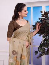 Giya Ashen Beige Muga Cotton Jamdani Saree With Contrast Blouse