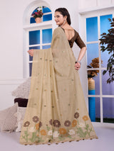 Giya Ashen Beige Muga Cotton Jamdani Saree With Contrast Blouse