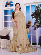 Giya Ashen Beige Muga Cotton Jamdani Saree With Contrast Blouse