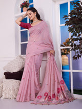 Giya Terracotta Pink Muga Cotton Jamdani Saree With Contrast Blouse