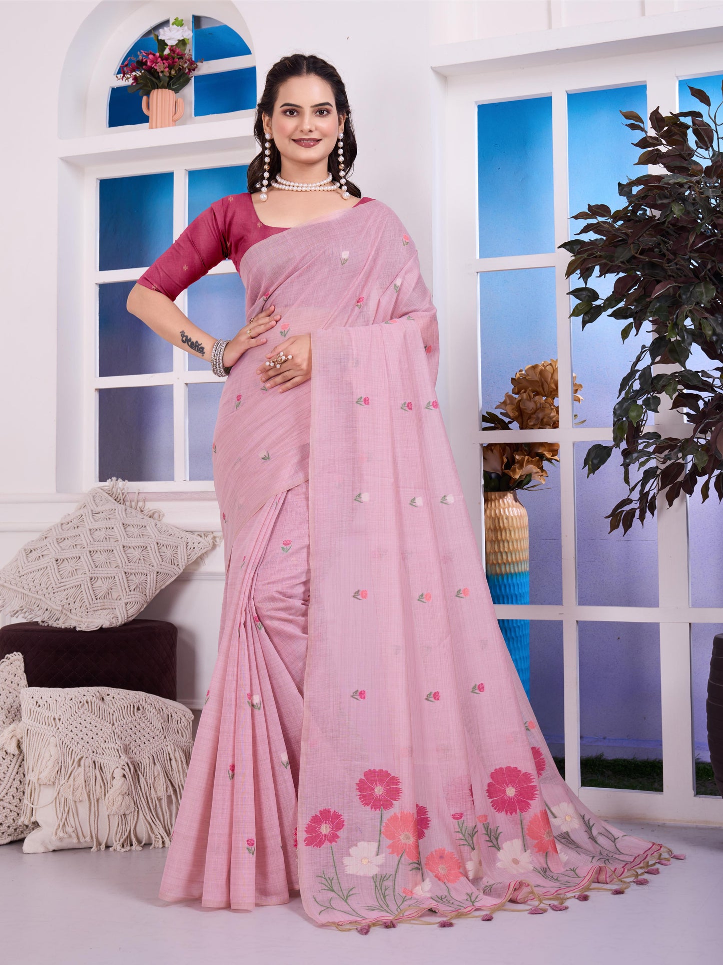 Giya Terracotta Pink Muga Cotton Jamdani Saree With Contrast Blouse