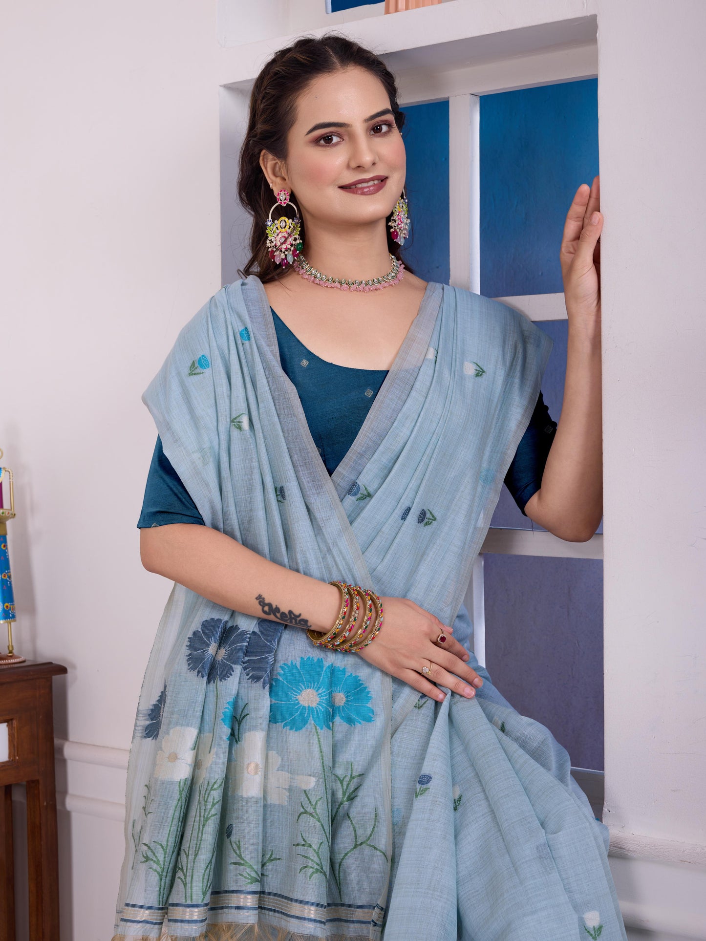 Giya Haze Blue Muga Cotton Jamdani Saree With Contrast Blouse
