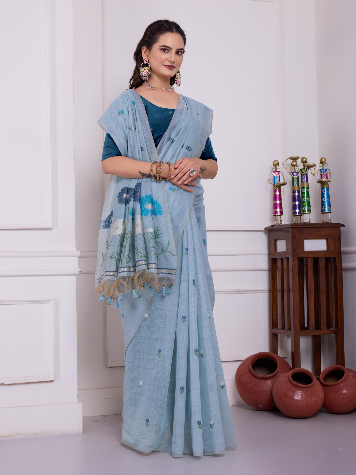 Giya Haze Blue Muga Cotton Jamdani Saree With Contrast Blouse